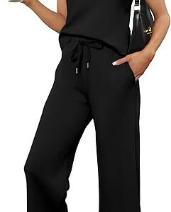 SAMPEEL Two Piece Sets for Women Summer Outfits Lounge Sets Mock Neck Tops Wide Leg Crop Pants Vacation Travel Outfits